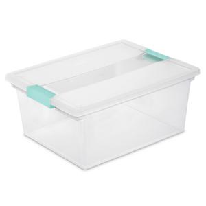 Tribello Stack & Carry 2 Layer Handle Box, Clear Plastic Stackable Case with Lid and Blue Handle - for Organization, Size 14 x 10 x 7- Made in USA