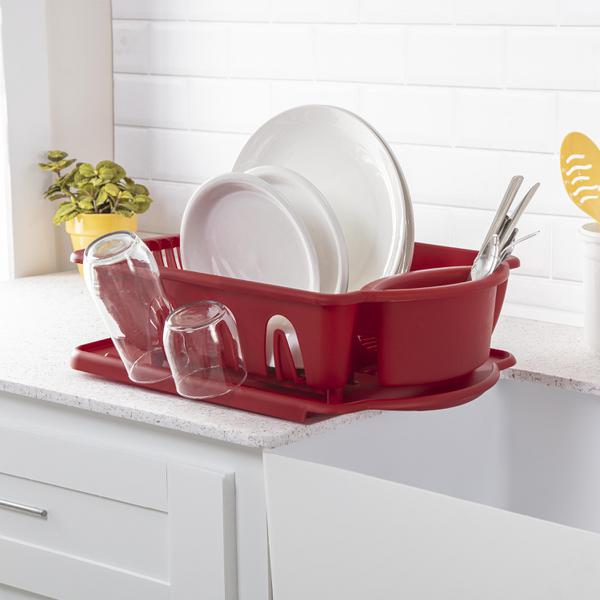 Sterilite Medium Plastic Sink Set, Dish Drainer & Mat, Red - Lodging Kit  Company