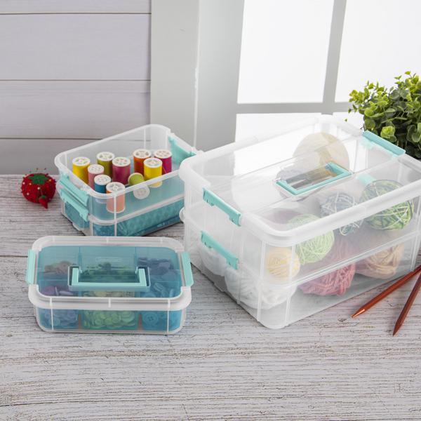 Sterilite Stack and Carry 3 Layer Handle Box and Tray, Plastic Small  Storage Container with Latch Lid, Organize Crafts, Clear with Blue Tray,  12-Pack