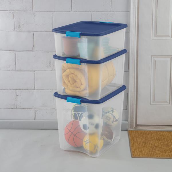Sterilite 12 Gal Latch And Carry, Stackable Storage Bin With Latching Lid,  Plastic Container To Organize Closets, Clear With Blue Lid, 18-pack : Target