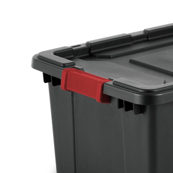 Durable 50 Gal Storage Bin with Wheels, Snap Lid, Black/Red