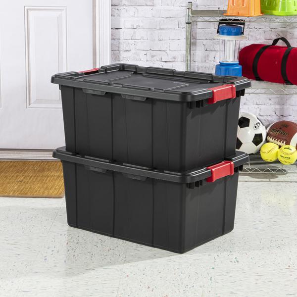  Sterilite 27 Gal Industrial Tote, Stackable Storage Bin with  Latching Lid, Plastic Container with Heavy Duty Latches, Black Base and  Lid, 12-Pack