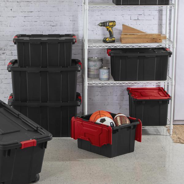 This Husky 25 Gal. heavy duty stackable storage tote is designed