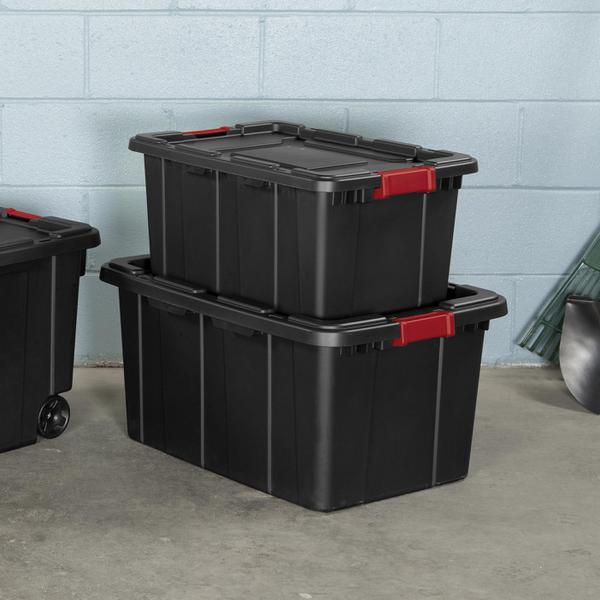 Sterilite 27 Gal Durable Rugged Industrial Tote with Red Latches, 12 Pack, Black