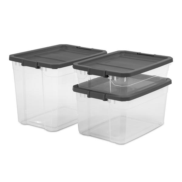 Sterilite 40 Quart Plastic Stacker Box, Lidded Storage Bin Container for  Home and Garage Organizing, Shoes, Tools, Clear Base & Gray Lid, 1-Pack