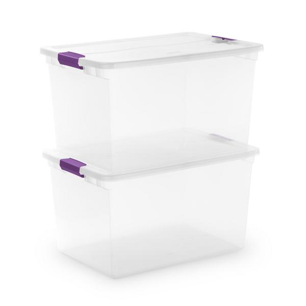 Sterilite ClearView Latch Box, Clear with Purple Latches, 66 Qt, 23.62″x  16.38″ x 13.25″ – Pack of 6 – Find Organizers That Fit