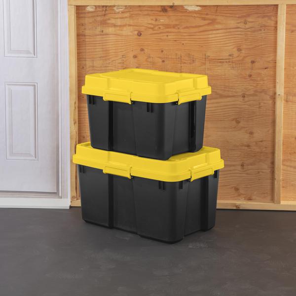 Sterilite 18319Y04 20 Gallon Heavy Duty Plastic Storage Container Box with  Lid and Latches, Yellow/Black (8 Pack)