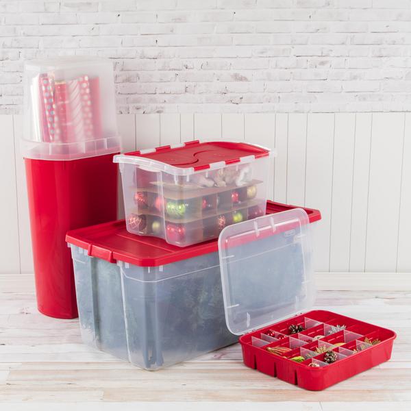 Sterilite 20 Compartment Christmas Holiday Ornament Container Box Home  Decor Stackable Storage Case, Red Base with Clear Lid (6 Pack)