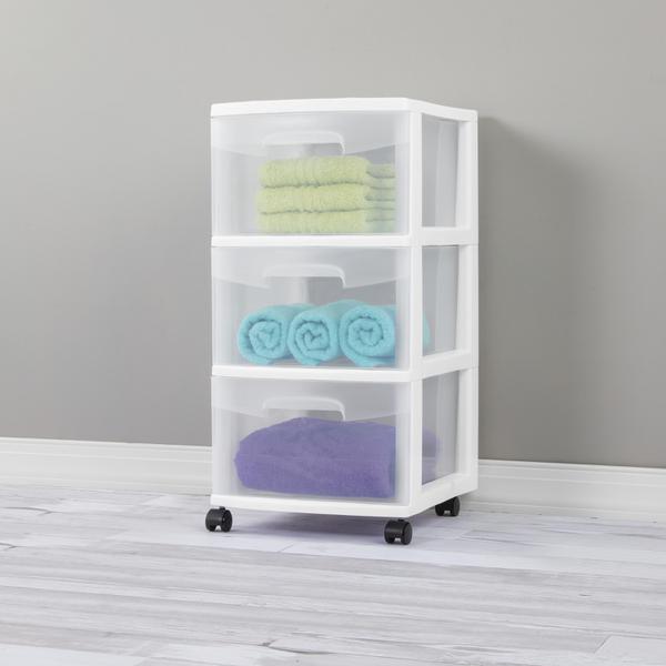  Sterilite 3 Drawer Storage Cart, Plastic Rolling Cart with  Wheels to Organize Clothes in Bedroom, Closet, White with Clear Drawers,  2-Pack : Home & Kitchen